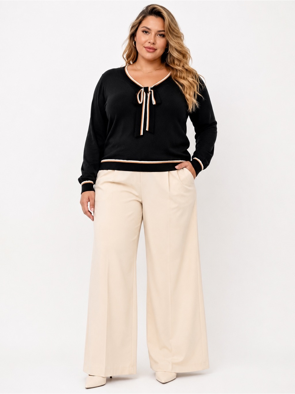 Adrianna Papell Black Tie Neck Sweater Stripe Trim Plus Size 1X Business casual